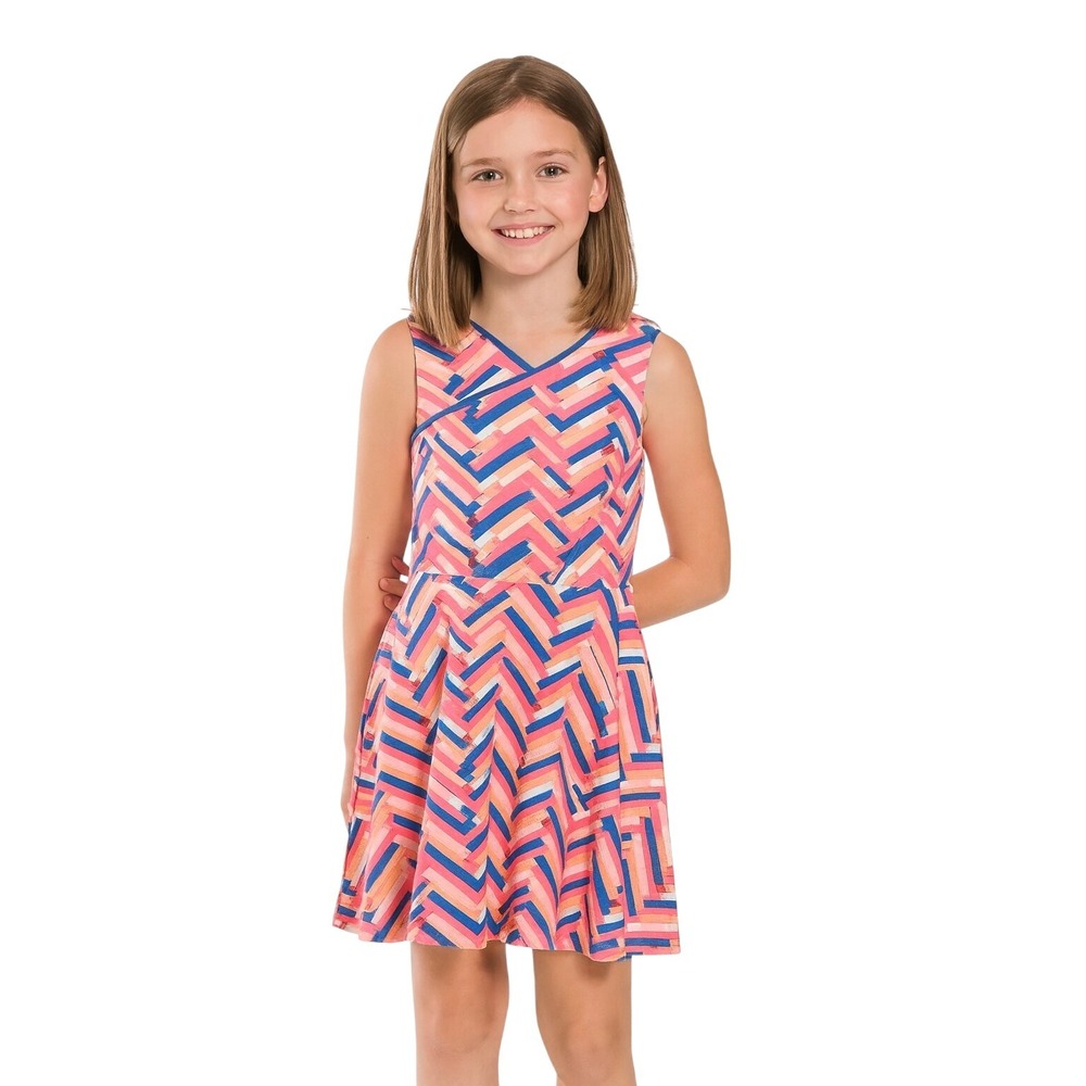 Girls Dress Sleeveless Pink Blue‎ Multicolor Geometric Stretchy Aline